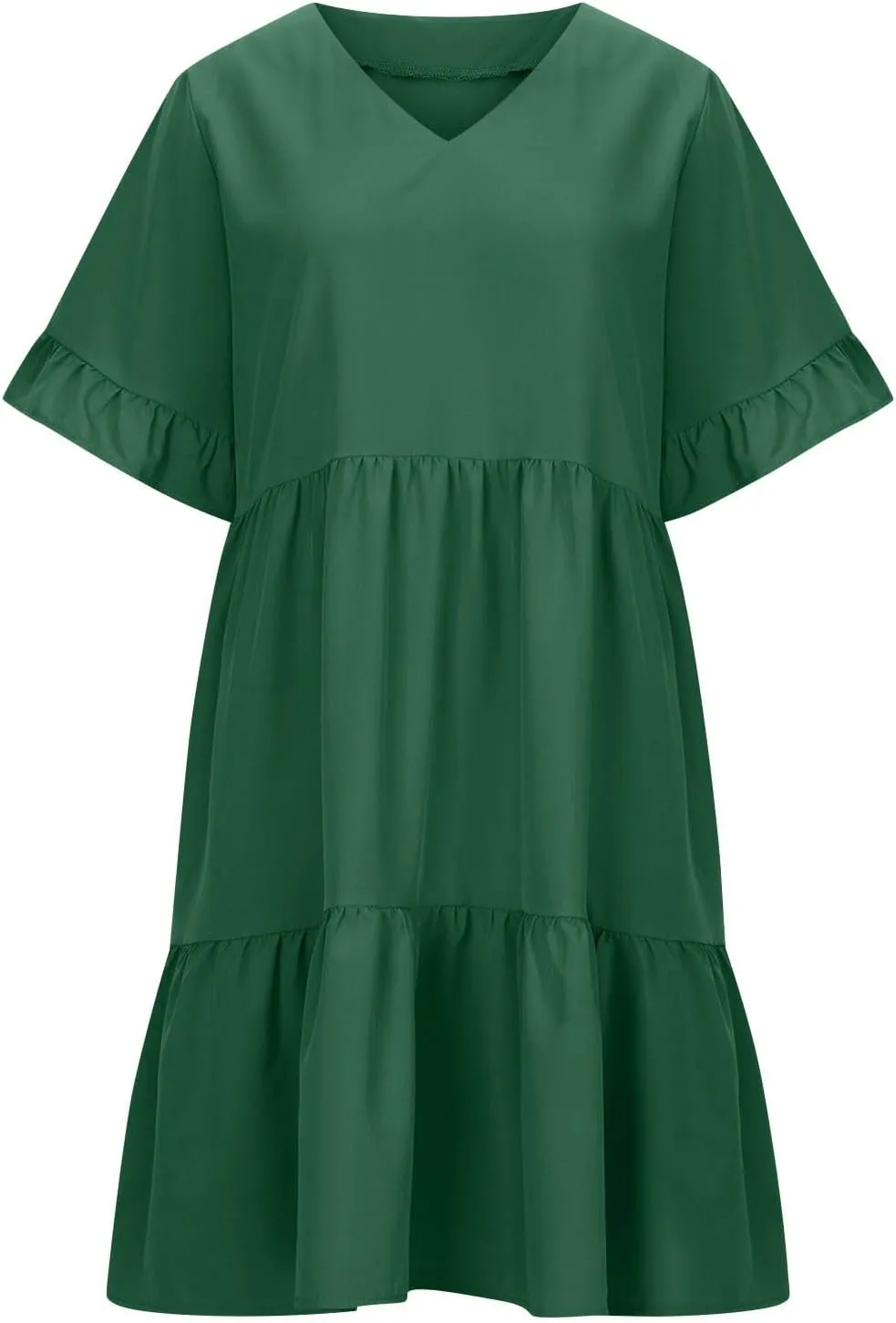 Women Summer Casual Dress Loose V Neck Sundress Short Flowy Dress Ruffle Tiered Mini Dress Cute Shirt Dress for Beach