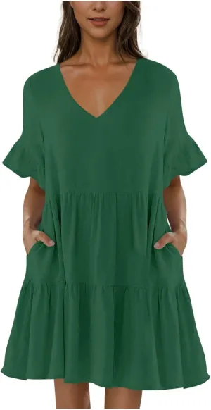 Women Summer Casual Dress Loose V Neck Sundress Short Flowy Dress Ruffle Tiered Mini Dress Cute Shirt Dress for Beach
