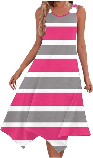 Women Summer Fashion Dresses Casual Print Midi Dress Loose Fit Striped Flowy Sundress Summer Beach Dresses