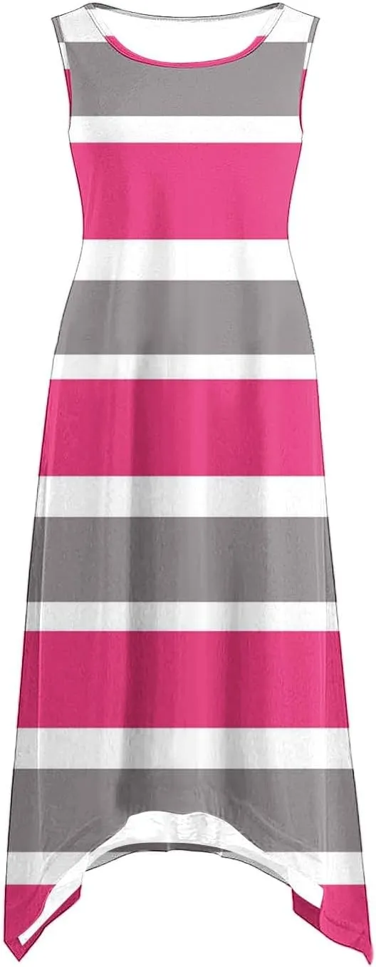 Women Summer Fashion Dresses Casual Print Midi Dress Loose Fit Striped Flowy Sundress Summer Beach Dresses