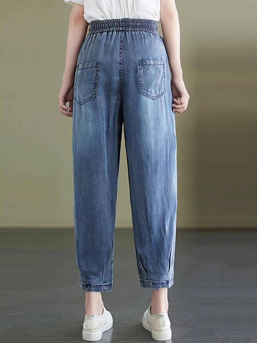 Women Summer Worn Solid Pleat Loose Pocket Denim Pants