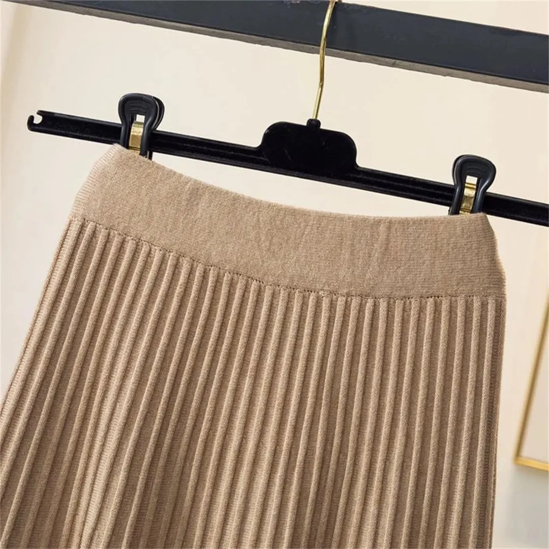 Women Tulle Patchwork Knitted Skirt Autumn Winter Thick Warm A Line High Waist Pleated Midi Long Skirt