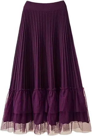 Women Tulle Patchwork Knitted Skirt Autumn Winter Thick Warm A Line High Waist Pleated Midi Long Skirt