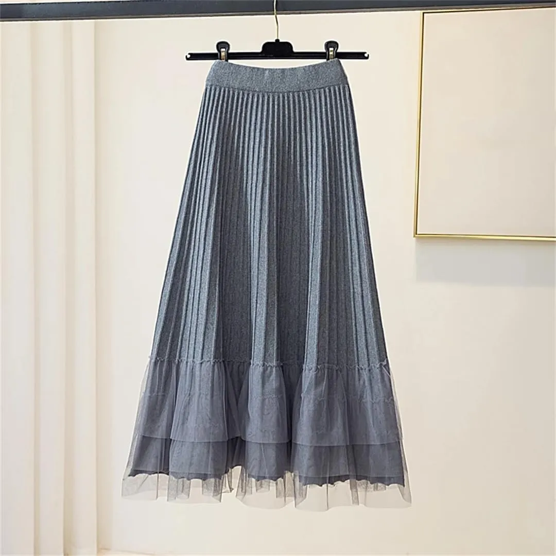 Women Tulle Patchwork Knitted Skirt Autumn Winter Thick Warm A Line High Waist Pleated Midi Long Skirt