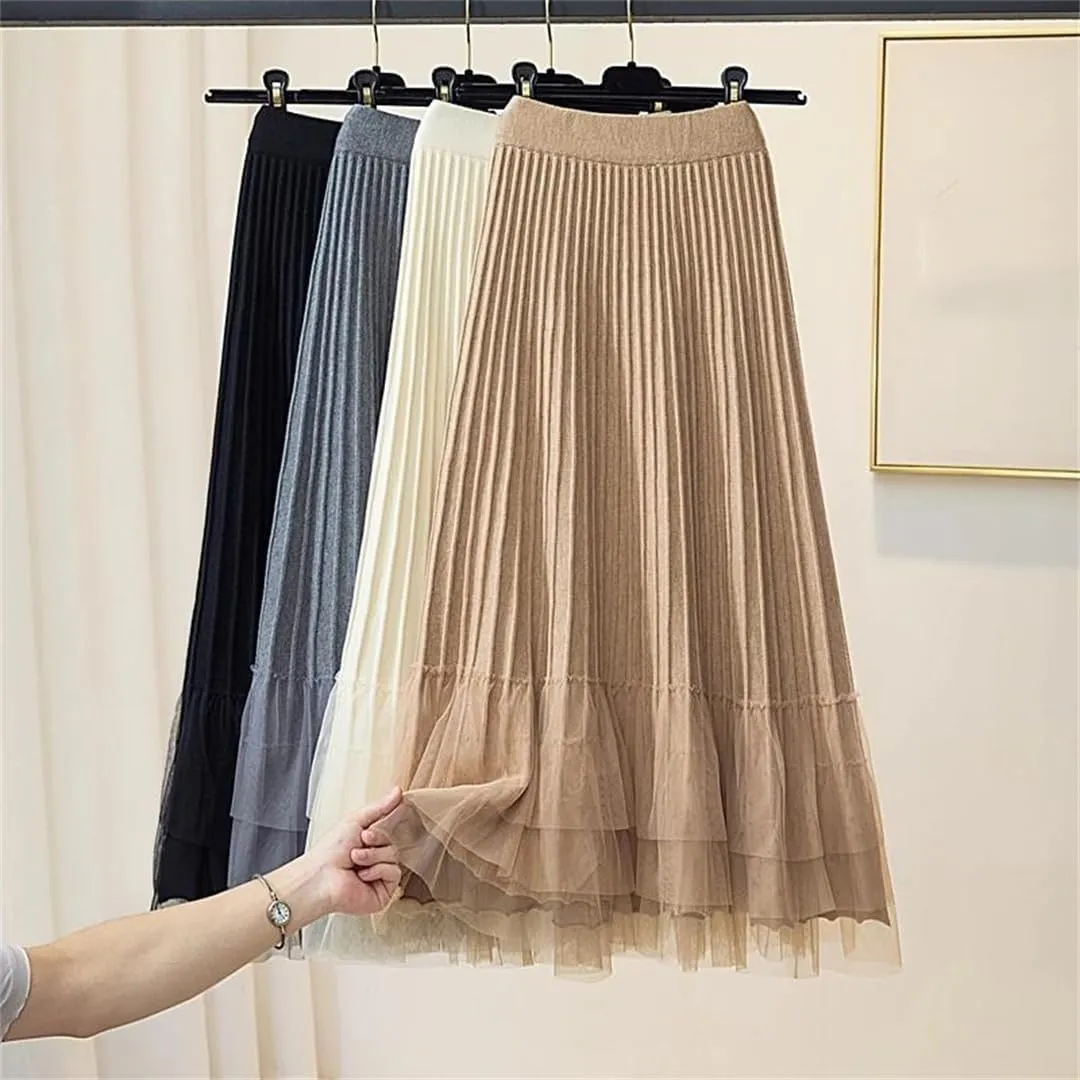 Women Tulle Patchwork Knitted Skirt Autumn Winter Thick Warm A Line High Waist Pleated Midi Long Skirt