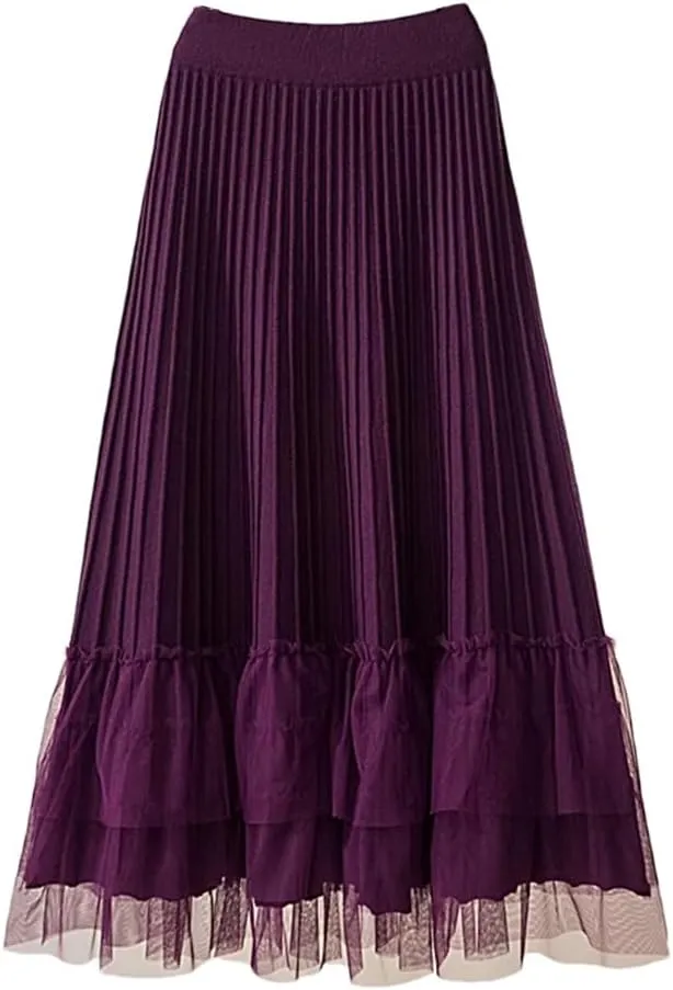 Women Tulle Patchwork Knitted Skirt Autumn Winter Thick Warm A Line High Waist Pleated Midi Long Skirt