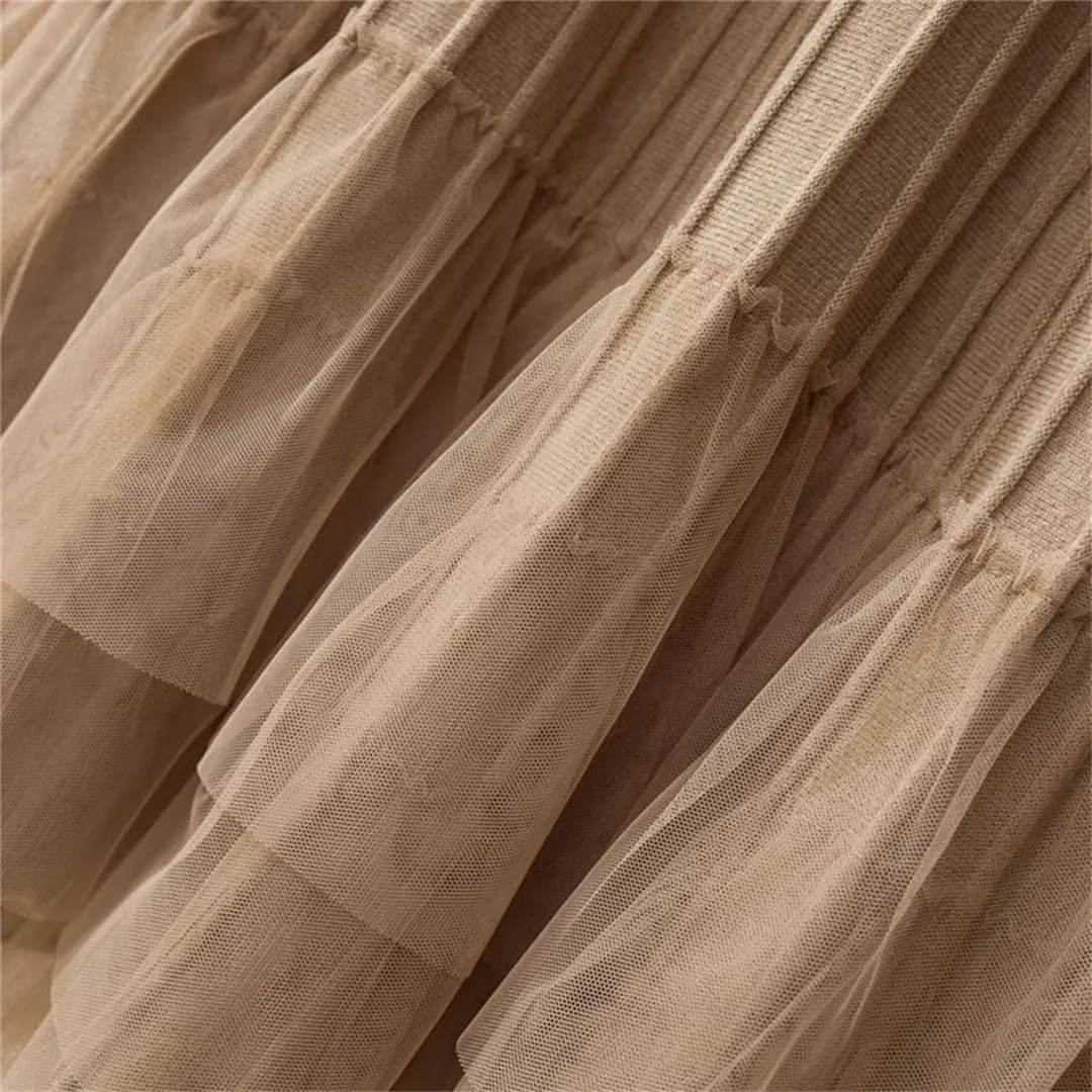 Women Tulle Patchwork Knitted Skirt Autumn Winter Thick Warm A Line High Waist Pleated Midi Long Skirt