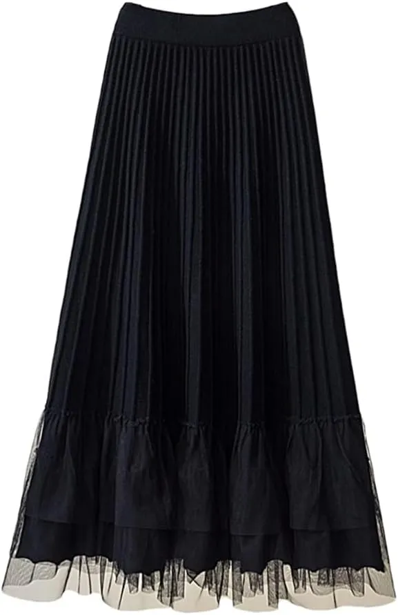 Women Tulle Patchwork Knitted Skirt Autumn Winter Thick Warm A Line High Waist Pleated Midi Long Skirt