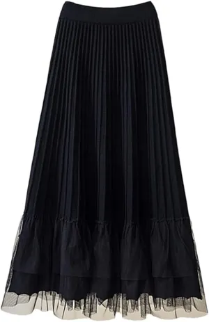Women Tulle Patchwork Knitted Skirt Autumn Winter Thick Warm A Line High Waist Pleated Midi Long Skirt