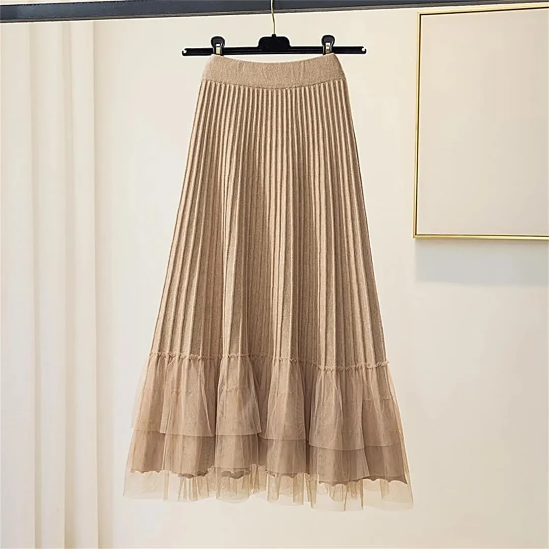 Women Tulle Patchwork Knitted Skirt Autumn Winter Thick Warm A Line High Waist Pleated Midi Long Skirt