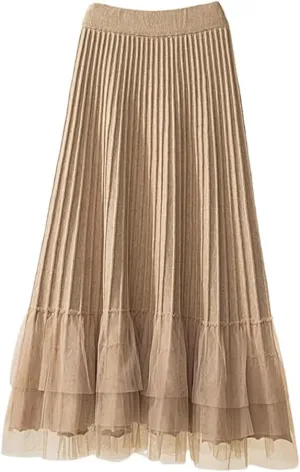 Women Tulle Patchwork Knitted Skirt Autumn Winter Thick Warm A Line High Waist Pleated Midi Long Skirt