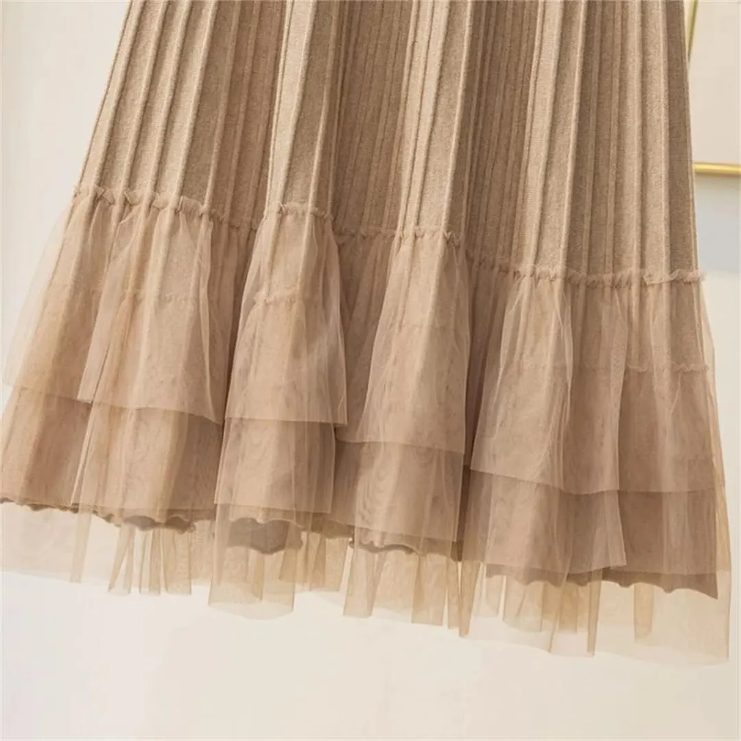 Women Tulle Patchwork Knitted Skirt Autumn Winter Thick Warm A Line High Waist Pleated Midi Long Skirt