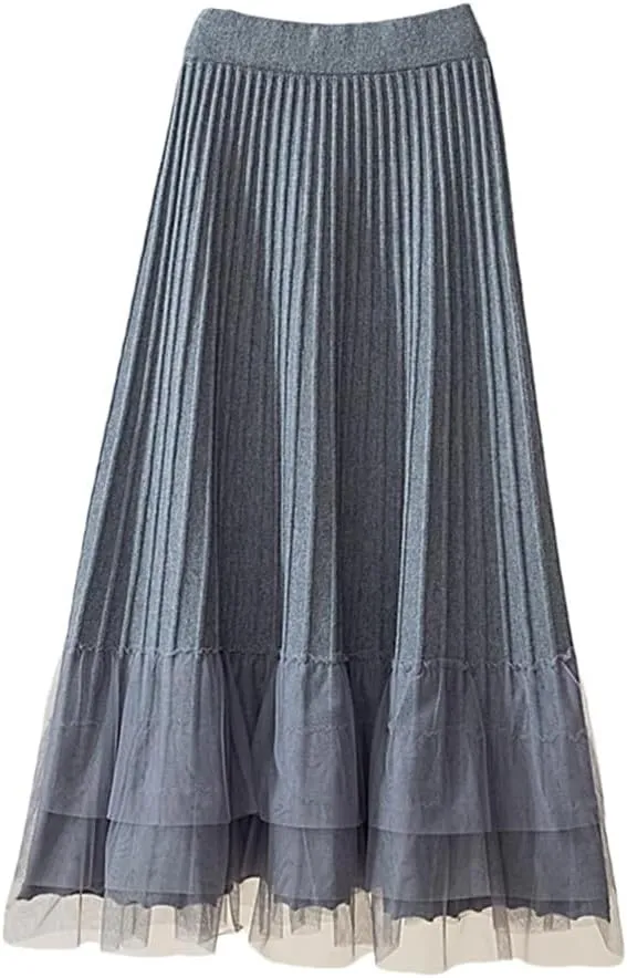 Women Tulle Patchwork Knitted Skirt Autumn Winter Thick Warm A Line High Waist Pleated Midi Long Skirt