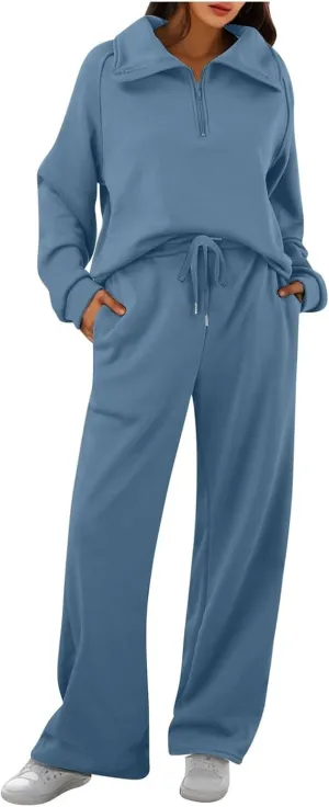 Womens 2 Piece Outfits Lounge Half Zip Hoodie Sweatsuit Sets Oversized Sweatshirt Baggy Fall Fashion Sweatpants Light Blue