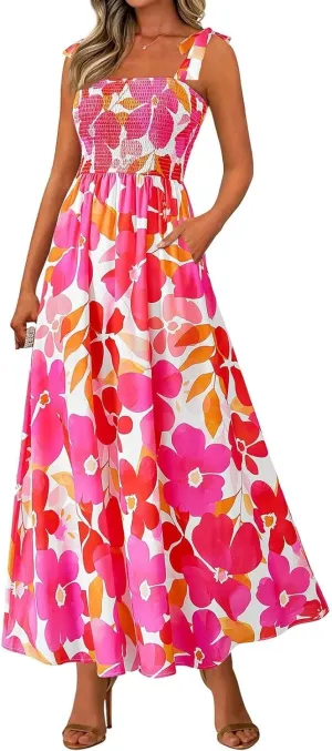 Women's 2025 Summer Floral Boho Maxi Dress Square Neck Strapped Tiered Casual Flowy Long Beach Vacation Dresses