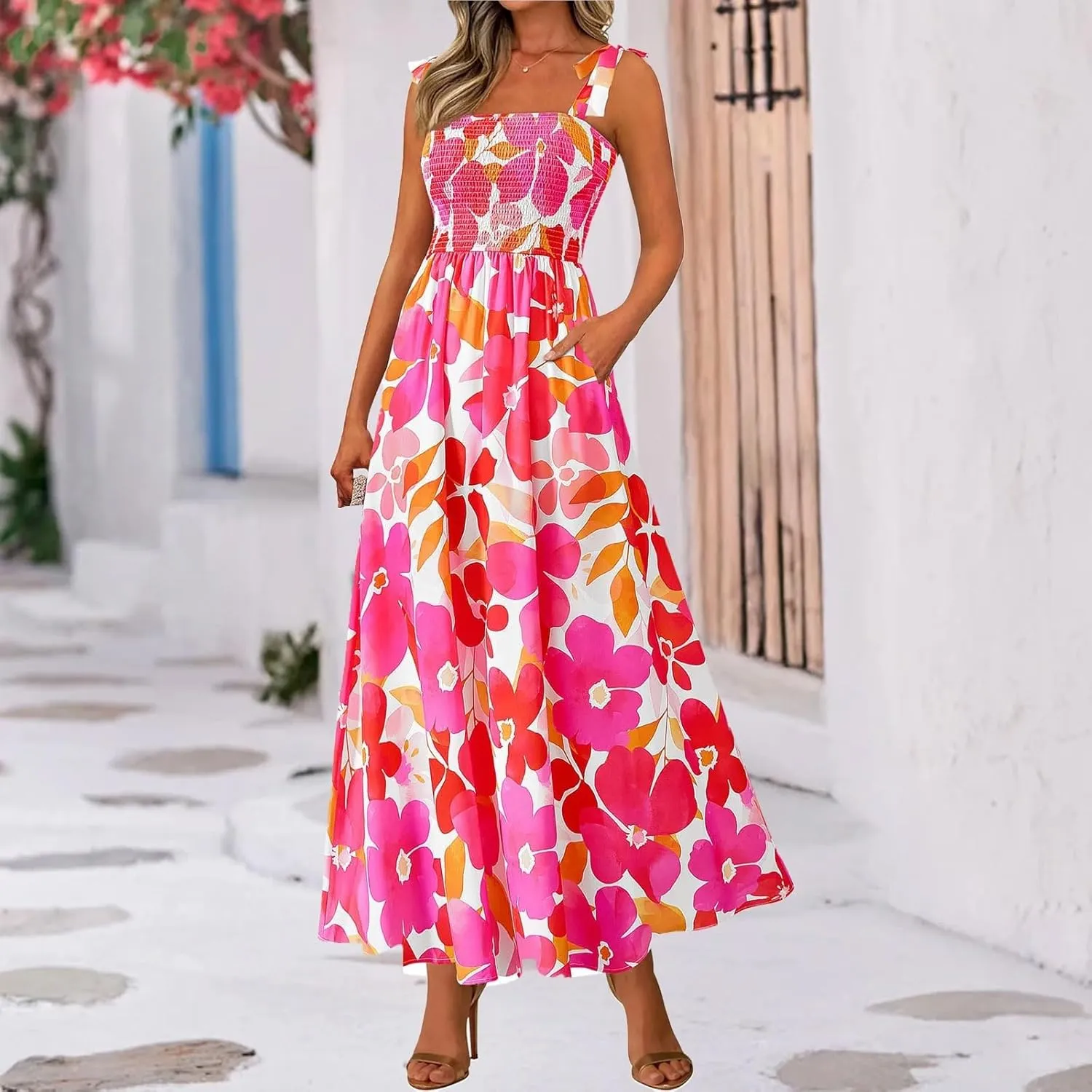 Women's 2025 Summer Floral Boho Maxi Dress Square Neck Strapped Tiered Casual Flowy Long Beach Vacation Dresses