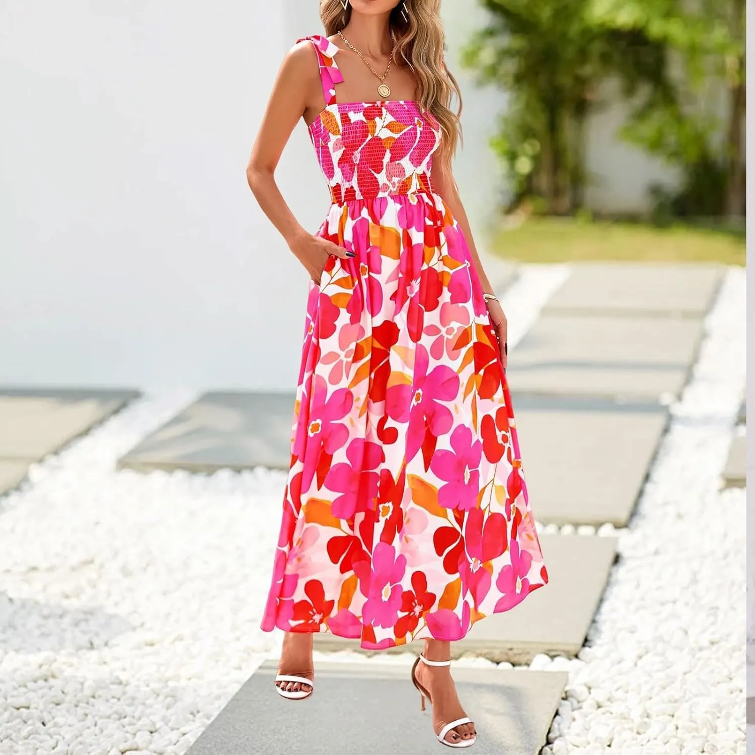 Women's 2025 Summer Floral Boho Maxi Dress Square Neck Strapped Tiered Casual Flowy Long Beach Vacation Dresses