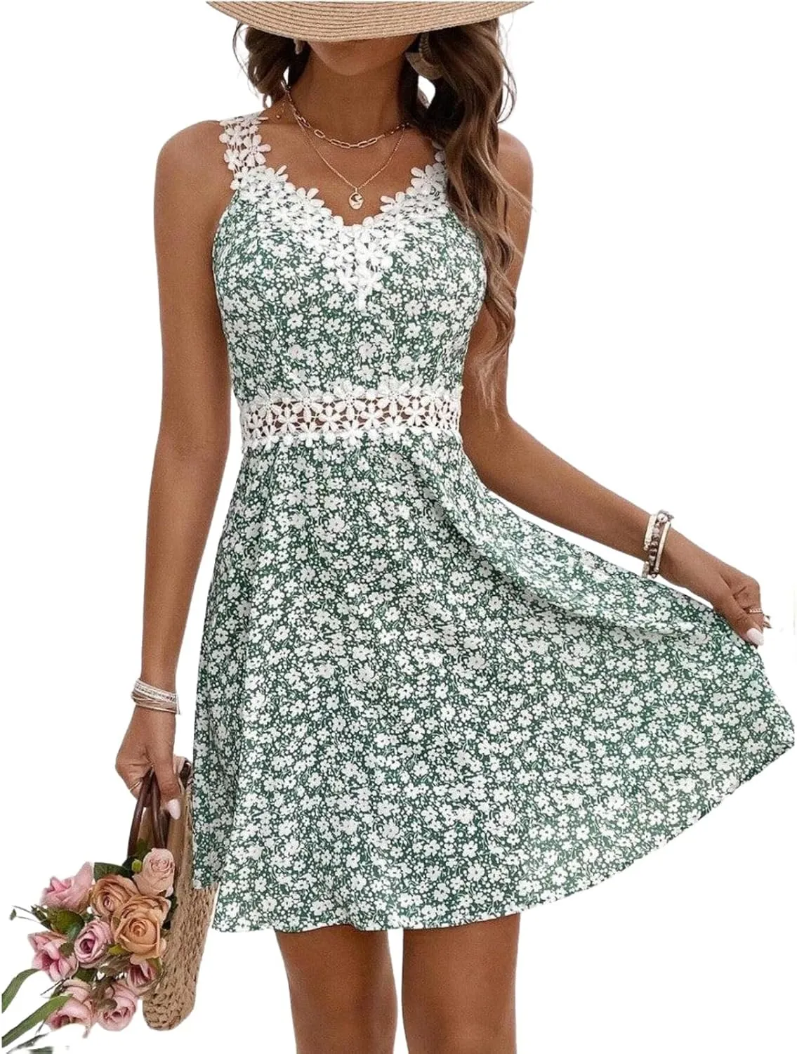 Women's 2025 Summer Fresh Green Floral Print Lace Strap V Neck Sleeveless Ruffle Romance Garden Mini Dress