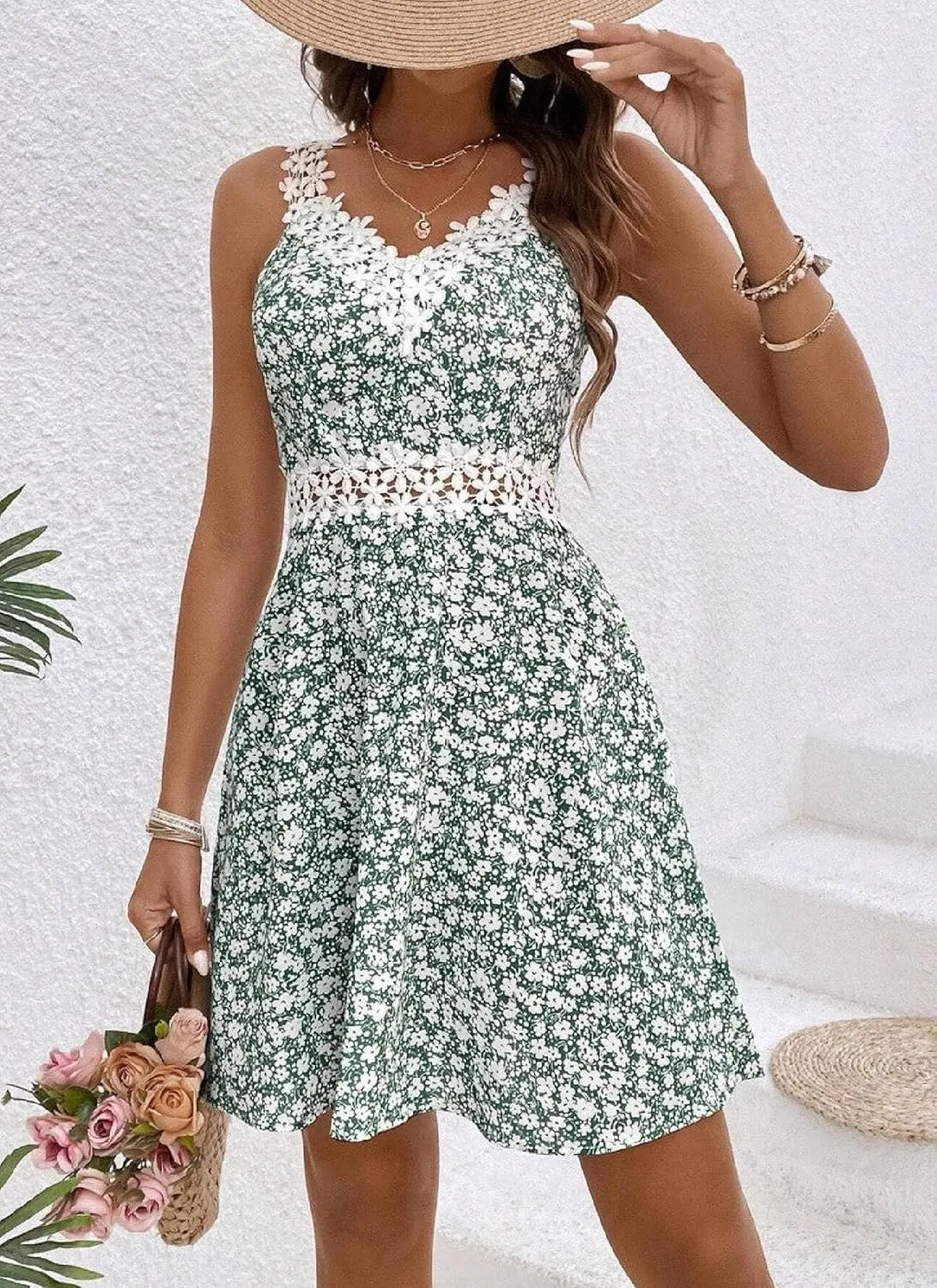 Women's 2025 Summer Fresh Green Floral Print Lace Strap V Neck Sleeveless Ruffle Romance Garden Mini Dress