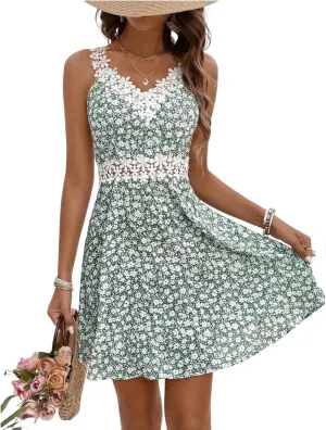 Women's 2025 Summer Fresh Green Floral Print Lace Strap V Neck Sleeveless Ruffle Romance Garden Mini Dress