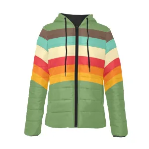 Women's 70s Stripe Retro Puffer Hoodie Jacket, Apple Green