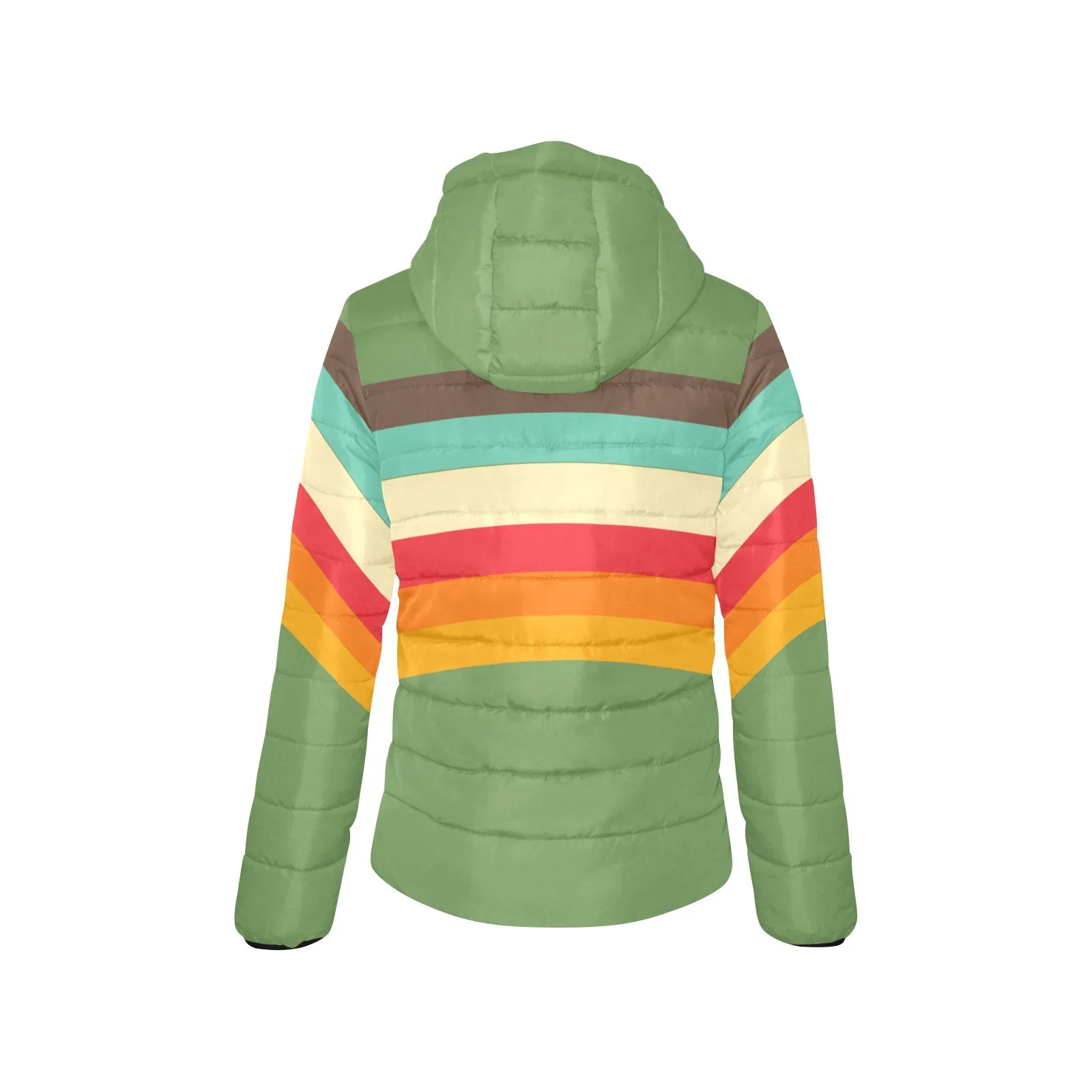 Women's 70s Stripe Retro Puffer Hoodie Jacket, Apple Green