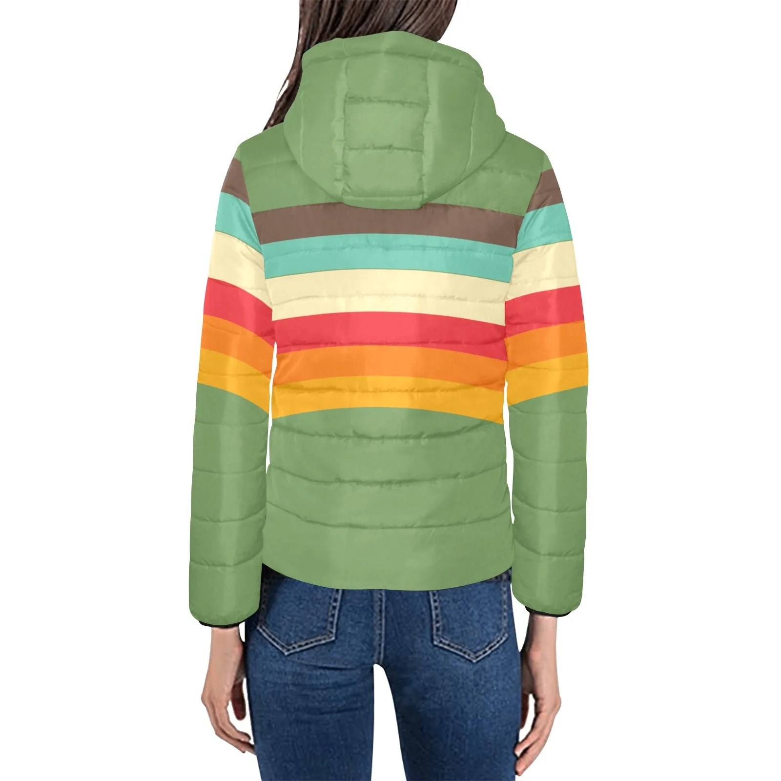 Women's 70s Stripe Retro Puffer Hoodie Jacket, Apple Green