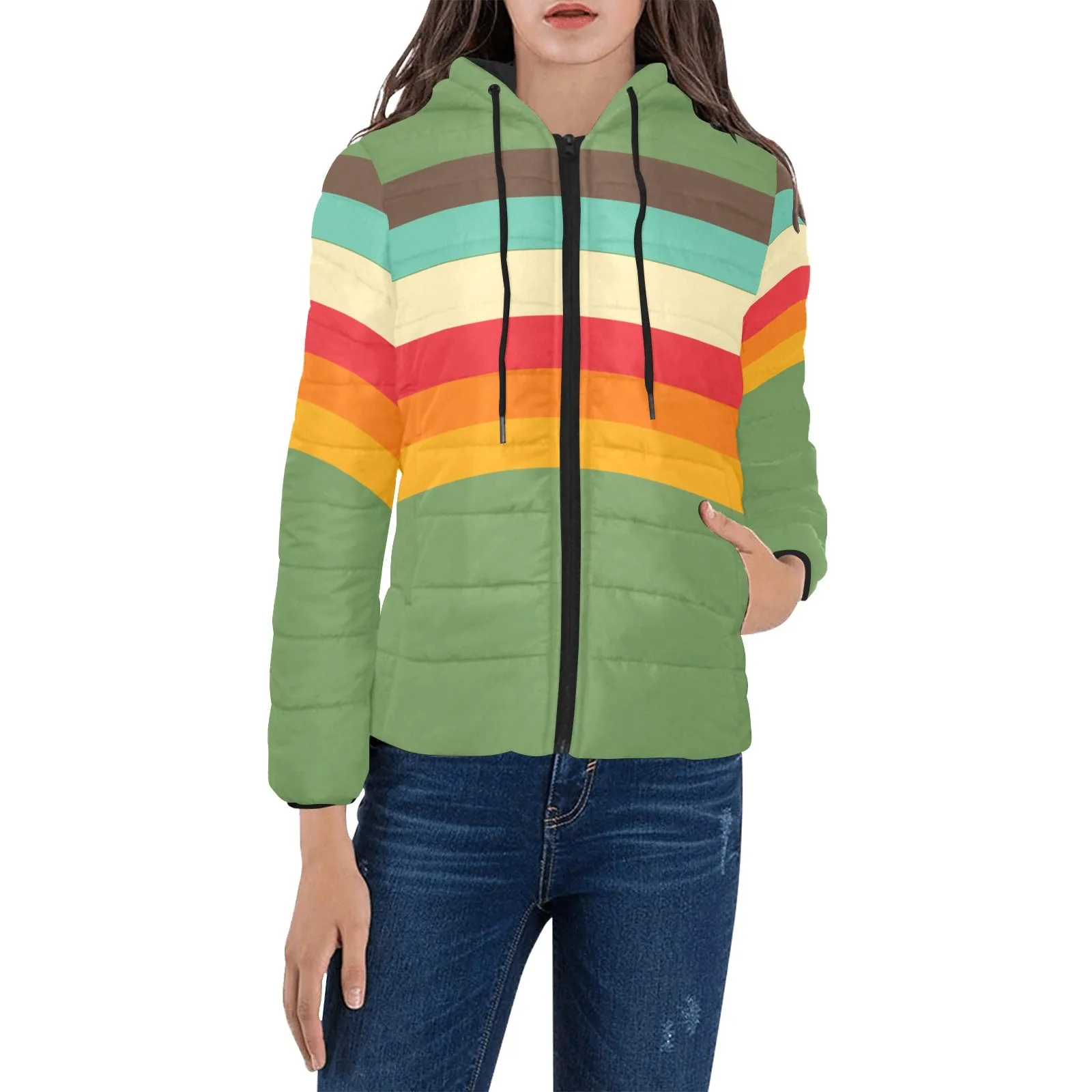 Women's 70s Stripe Retro Puffer Hoodie Jacket, Apple Green