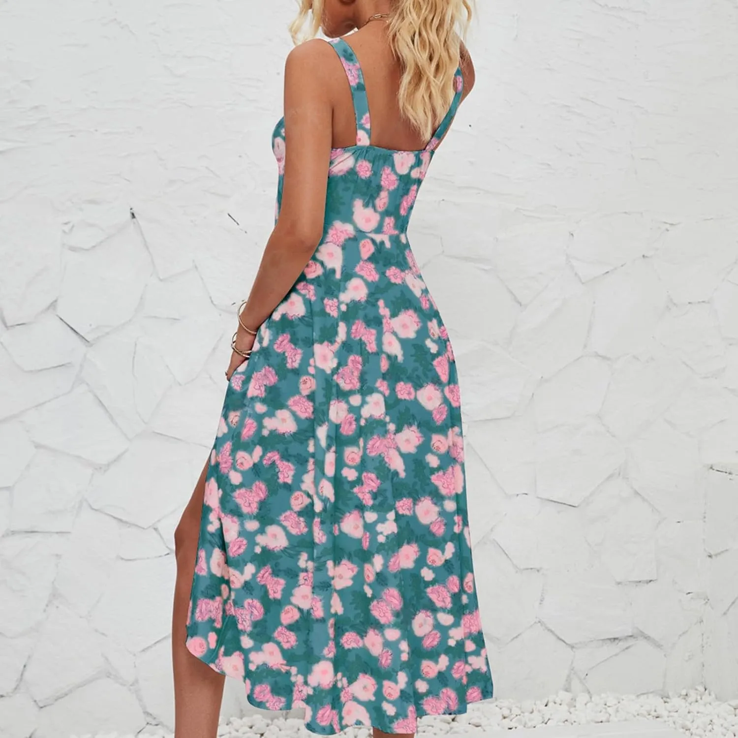 Women's Casual Floral Printed Long Beach Wedding Guest Dresses Spaghetti Strap V-Neck Floral Short Party Dress