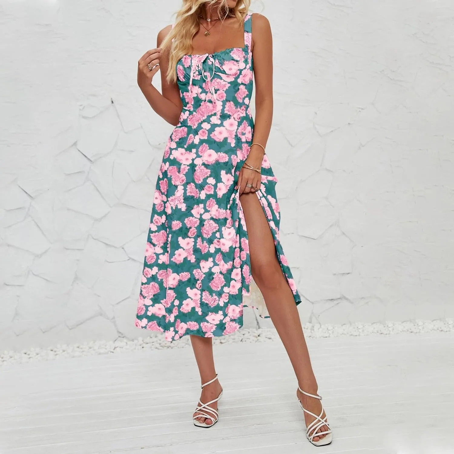 Women's Casual Floral Printed Long Beach Wedding Guest Dresses Spaghetti Strap V-Neck Floral Short Party Dress