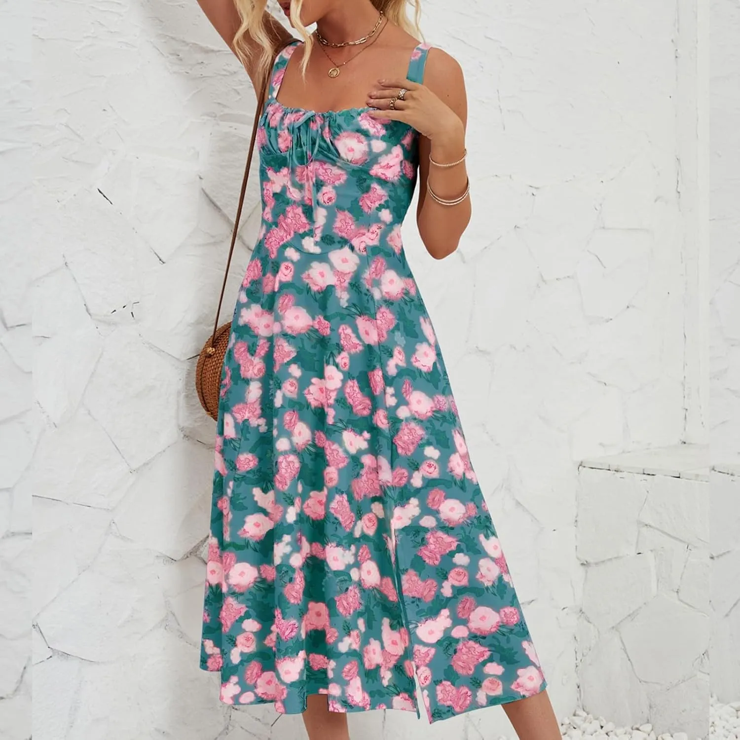 Women's Casual Floral Printed Long Beach Wedding Guest Dresses Spaghetti Strap V-Neck Floral Short Party Dress