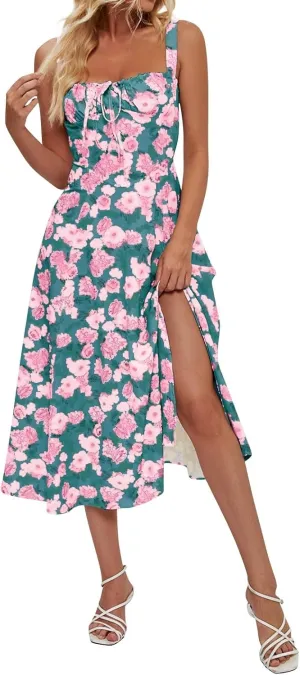 Women's Casual Floral Printed Long Beach Wedding Guest Dresses Spaghetti Strap V-Neck Floral Short Party Dress