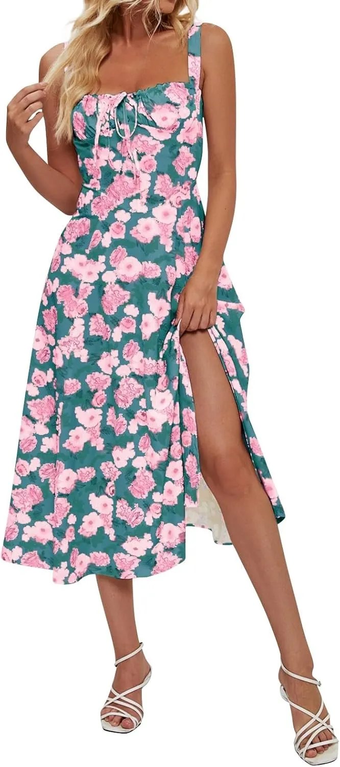 Women's Casual Floral Printed Long Beach Wedding Guest Dresses Spaghetti Strap V-Neck Floral Short Party Dress