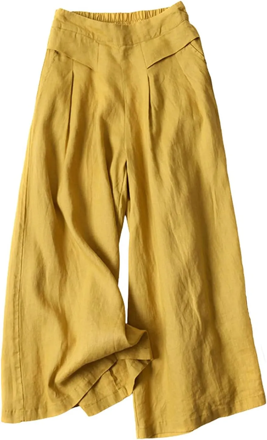 Women's Cotton Linen Casual Trousers High Waist Stretch Lightweight Joggers Summer Wide Leg Drape Cropped Pant with Pocket