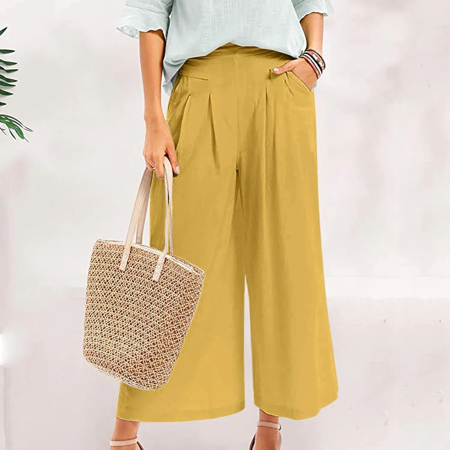 Women's Cotton Linen Casual Trousers High Waist Stretch Lightweight Joggers Summer Wide Leg Drape Cropped Pant with Pocket