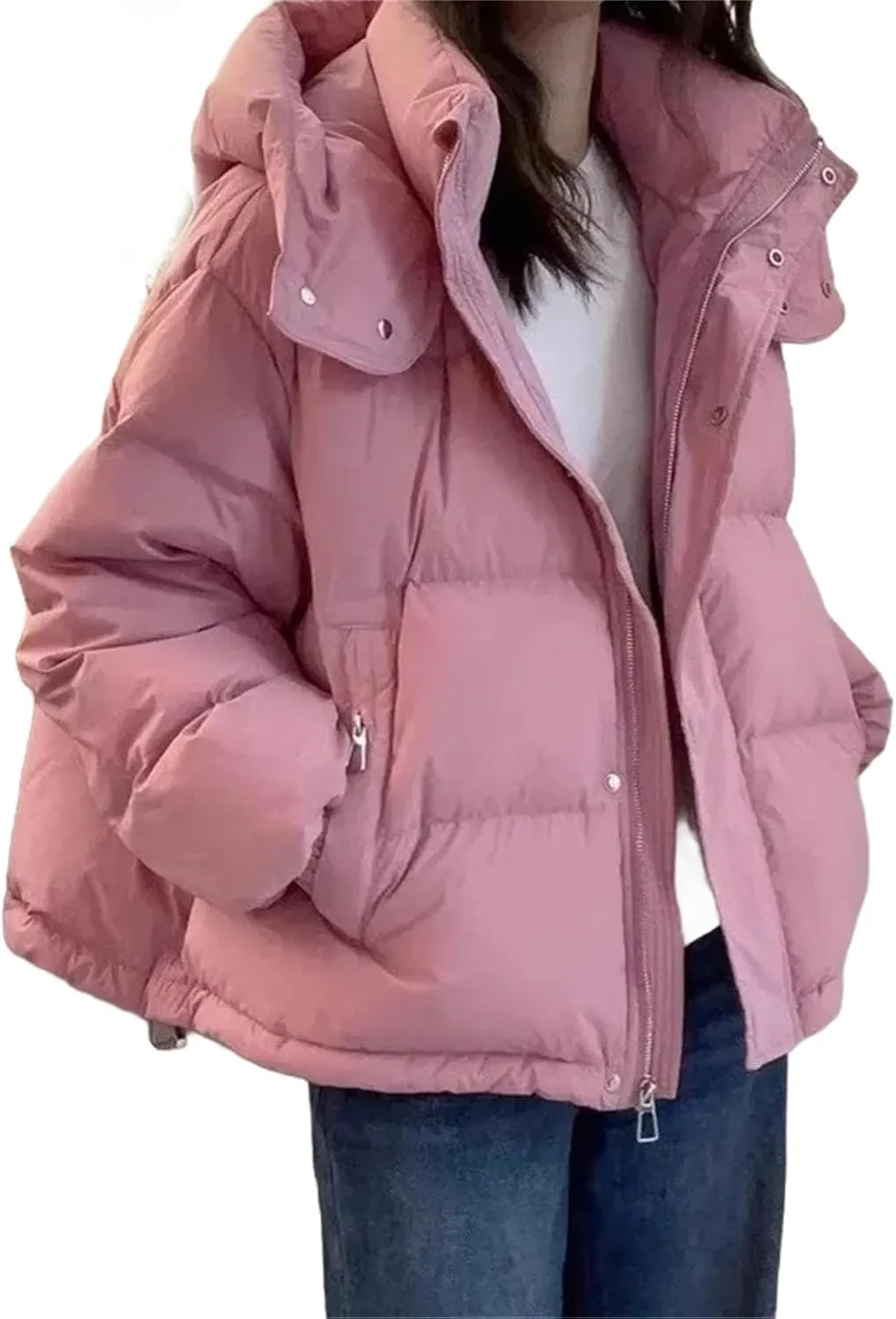 Women's Cotton Parka Hooded Thick Warm Loose Down Jacket Women Solid Color Fashion Zipper Coat