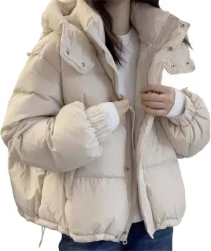 Women's Cotton Parka Hooded Thick Warm Loose Down Jacket Women Solid Color Fashion Zipper Coat