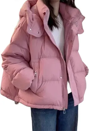 Women's Cotton Parka Hooded Thick Warm Loose Down Jacket Women Solid Color Fashion Zipper Coat
