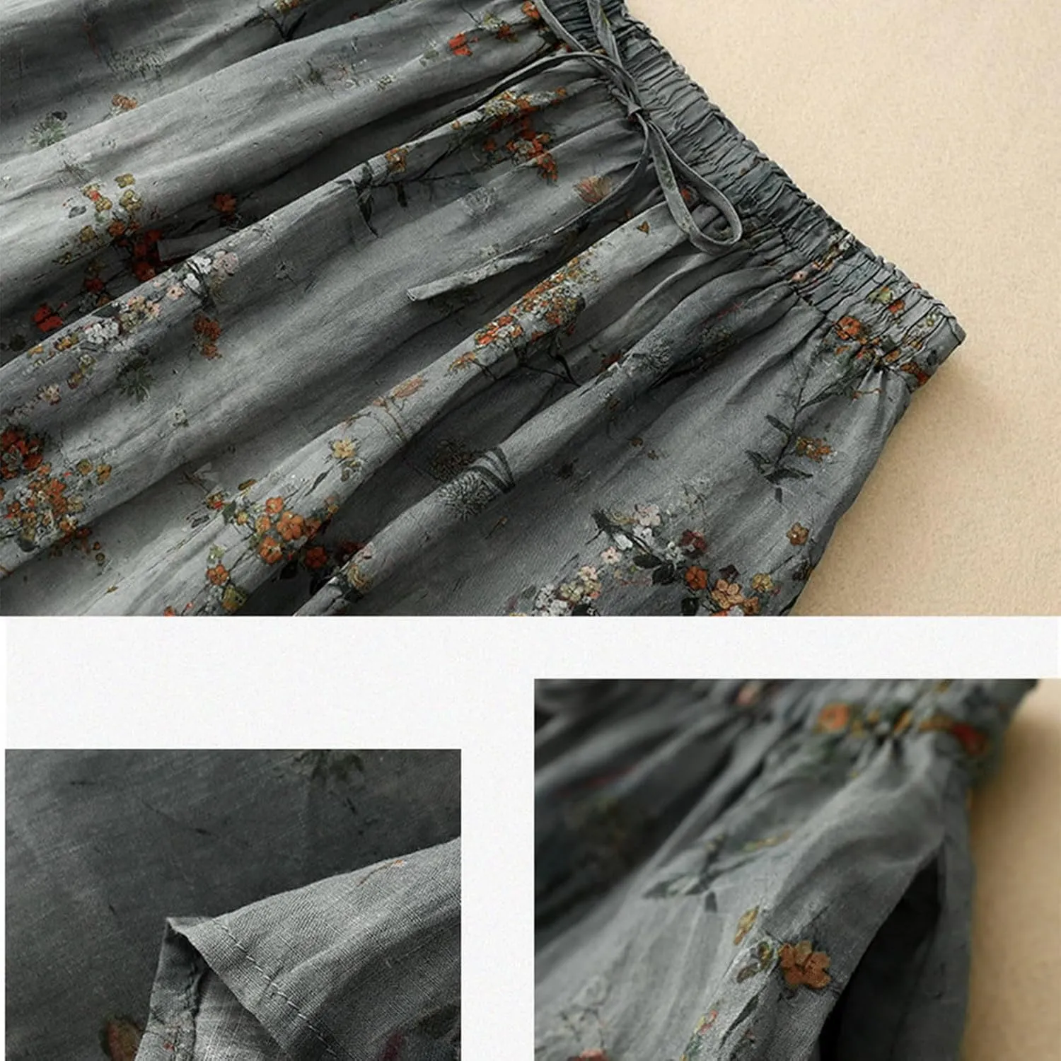 Women's Cute Skirts Comfy Fresh Double Layer Floral Printed Skirt Drawstring High Elastic Waist Pleated Midi Skirts