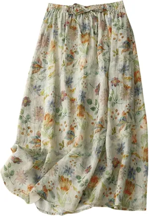 Women's Cute Skirts Comfy Fresh Double Layer Floral Printed Skirt Drawstring High Elastic Waist Pleated Midi Skirts