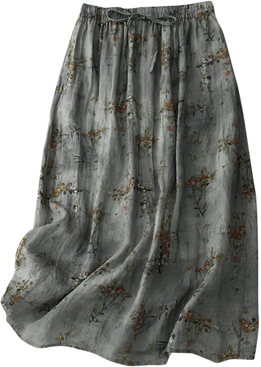 Women's Cute Skirts Comfy Fresh Double Layer Floral Printed Skirt Drawstring High Elastic Waist Pleated Midi Skirts