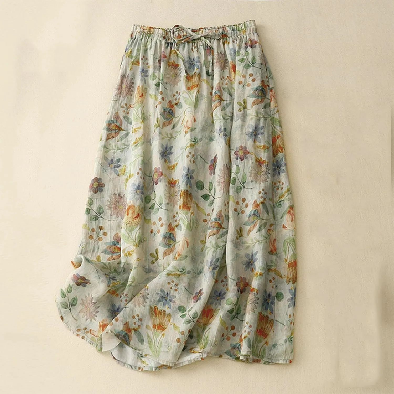 Women's Cute Skirts Comfy Fresh Double Layer Floral Printed Skirt Drawstring High Elastic Waist Pleated Midi Skirts
