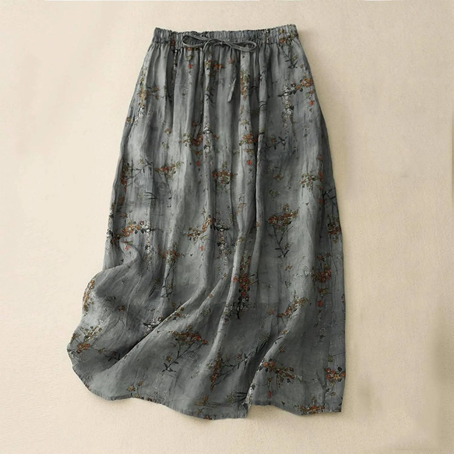 Women's Cute Skirts Comfy Fresh Double Layer Floral Printed Skirt Drawstring High Elastic Waist Pleated Midi Skirts