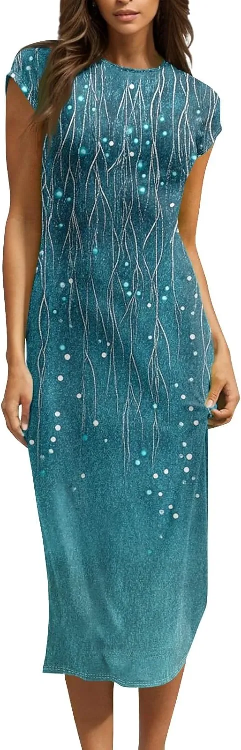 Women's Hawaiian Boho Short Sleeve Crew Neck Midi a Line Dress Beach Vacation Casual 2025 Dresses