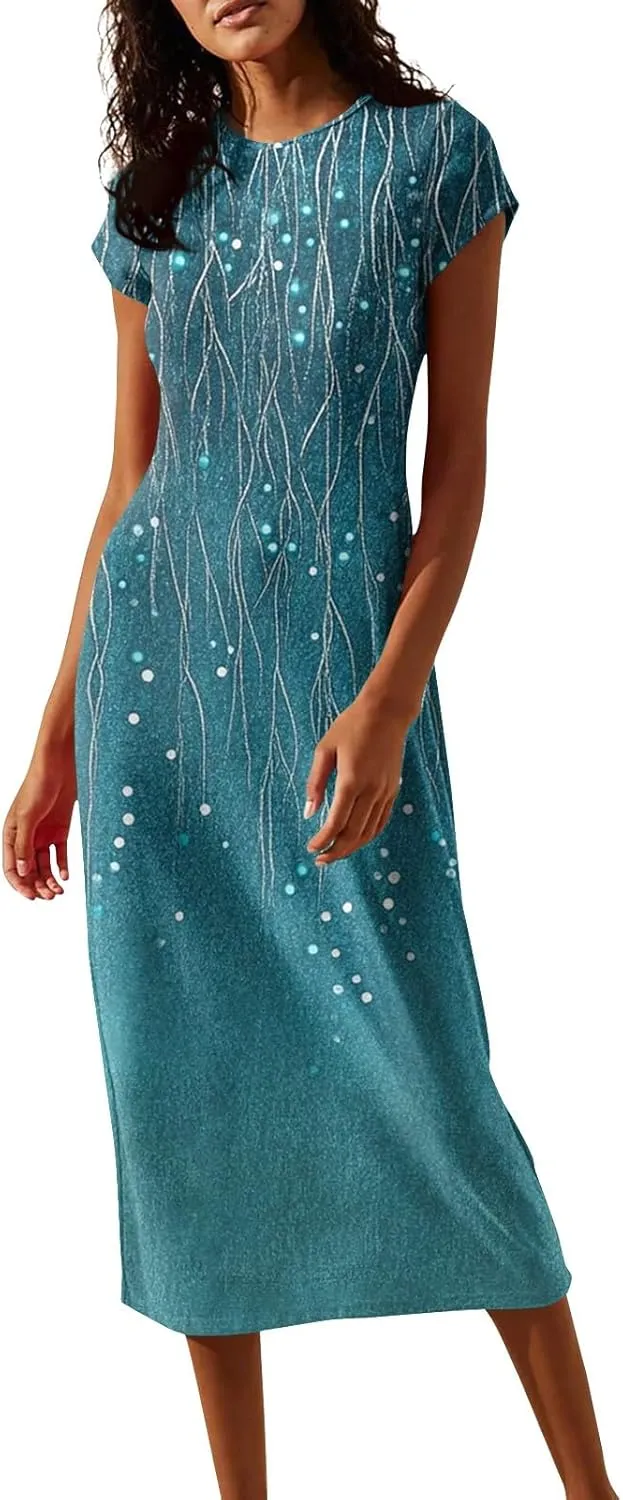 Women's Hawaiian Boho Short Sleeve Crew Neck Midi a Line Dress Beach Vacation Casual 2025 Dresses