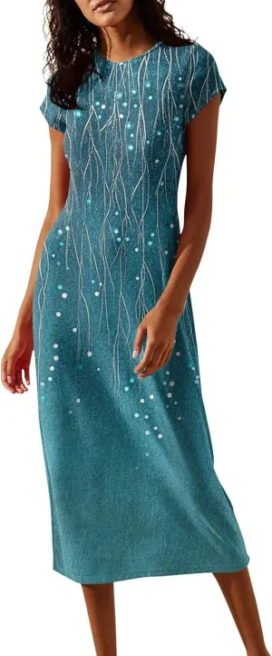Women's Hawaiian Boho Short Sleeve Crew Neck Midi a Line Dress Beach Vacation Casual 2025 Dresses