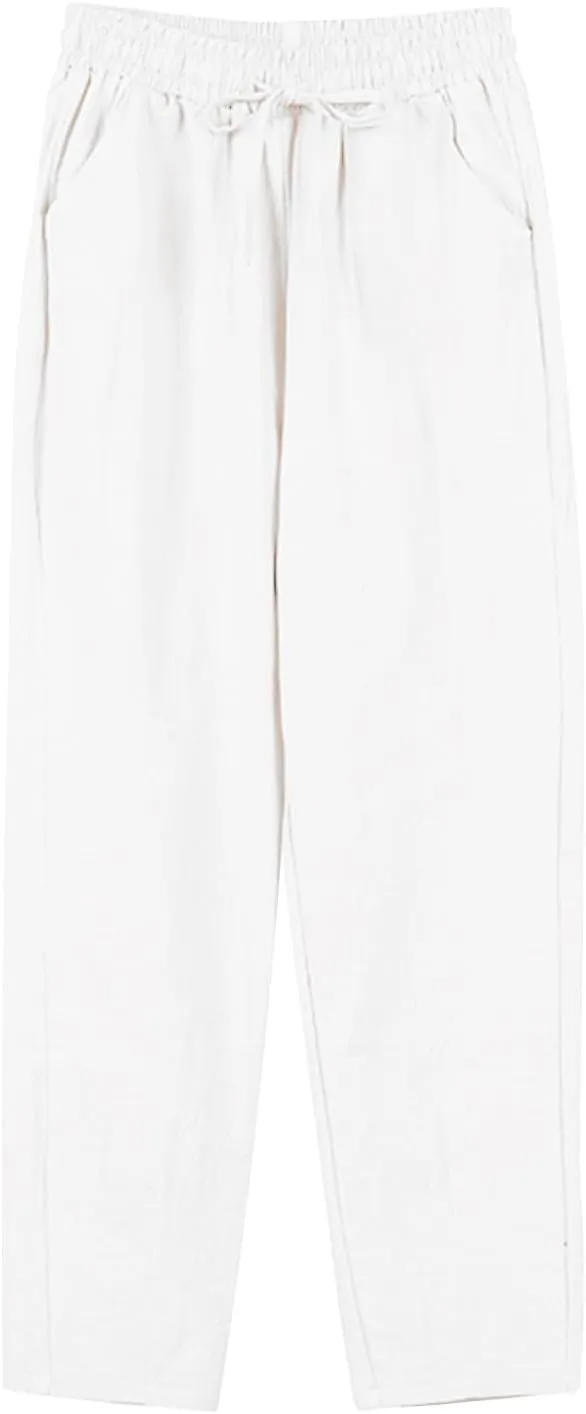 Women's Linen Capris Drawstring High Waisted Wide Leg Casual Beach Pants Summer Lounge Cropped Trousers with Pockets