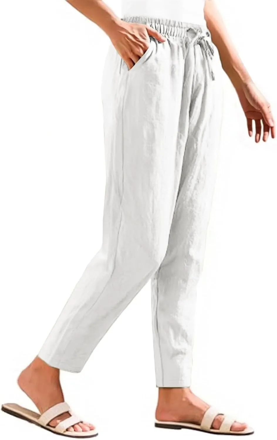 Women's Linen Capris Drawstring High Waisted Wide Leg Casual Beach Pants Summer Lounge Cropped Trousers with Pockets