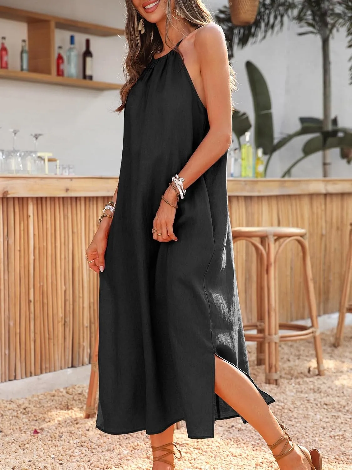 Women's Linen Midi Dress Halter 100% Linen Split Dresses with Pocket