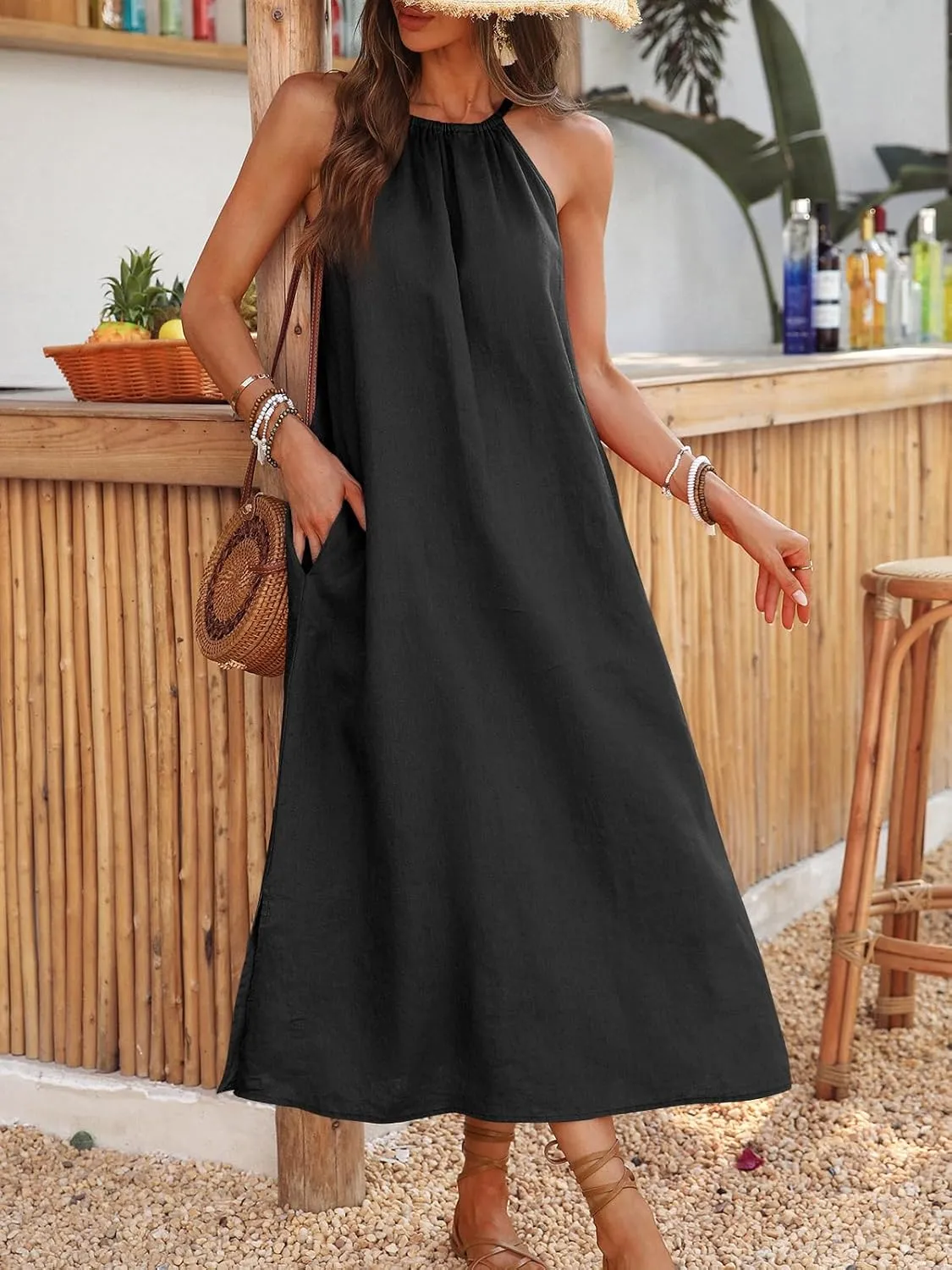 Women's Linen Midi Dress Halter 100% Linen Split Dresses with Pocket
